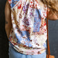 Floral Print Split V Neck Lace Trim Cap Sleeve Blouse