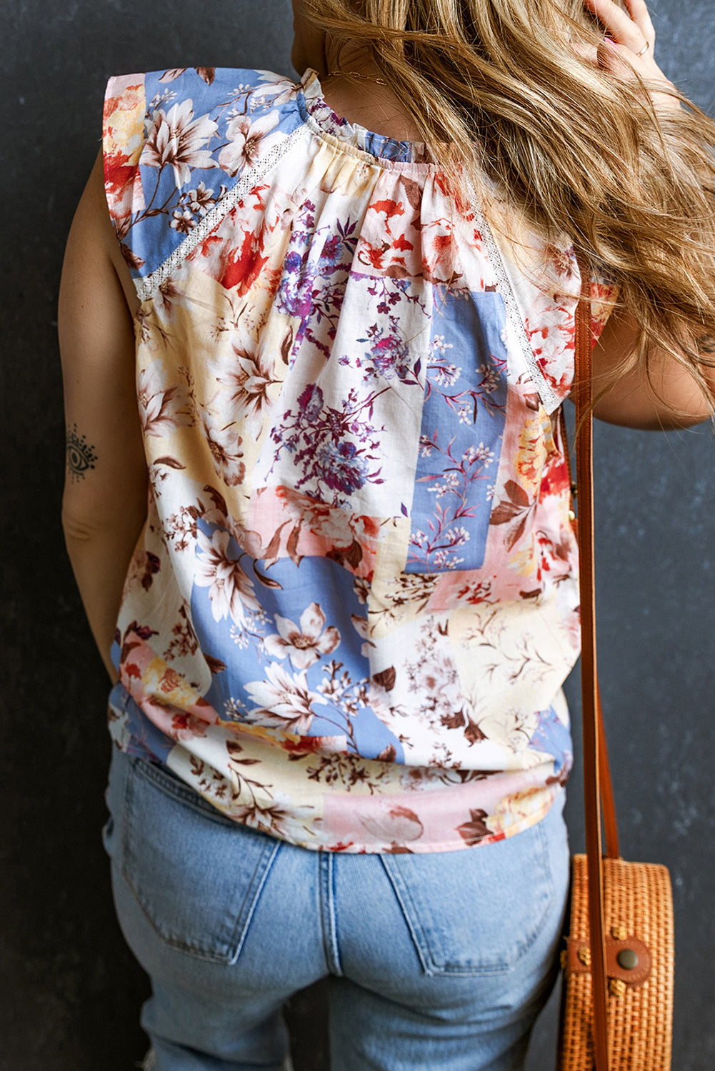 Floral Print Split V Neck Lace Trim Cap Sleeve Blouse