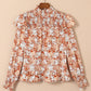 Flame Floral Smocked Sleeve High Neck Ruffled Blouse