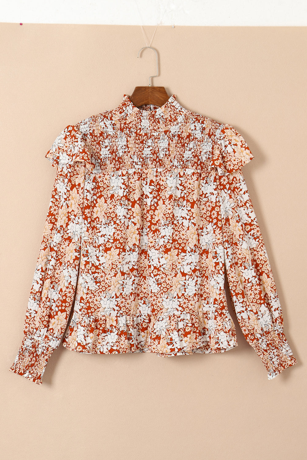 Flame Floral Smocked Sleeve High Neck Ruffled Blouse