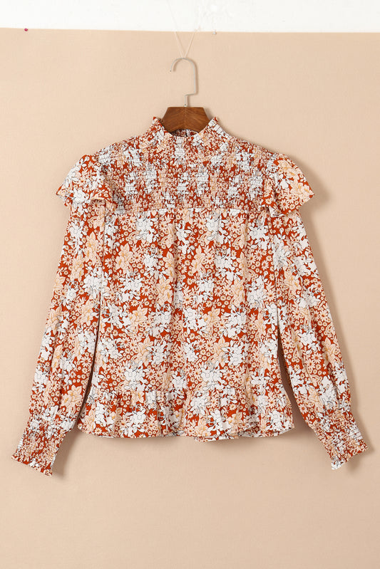 Flame Floral Smocked Sleeve High Neck Ruffled Blouse