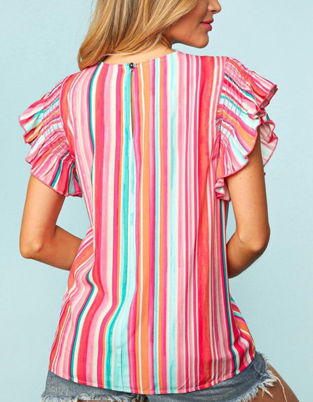 Abstract Print Stitching Ruffle Sleeve Blouse