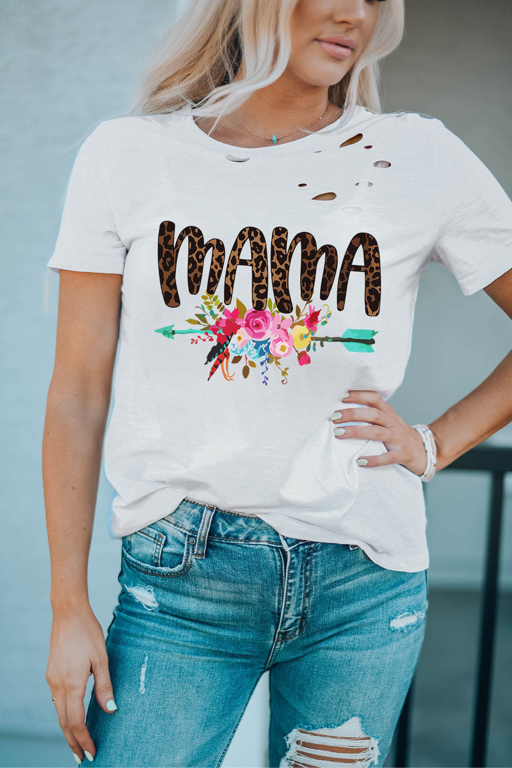 MAMA & Flower Printed Hollowed Short Sleeves T-Shirt