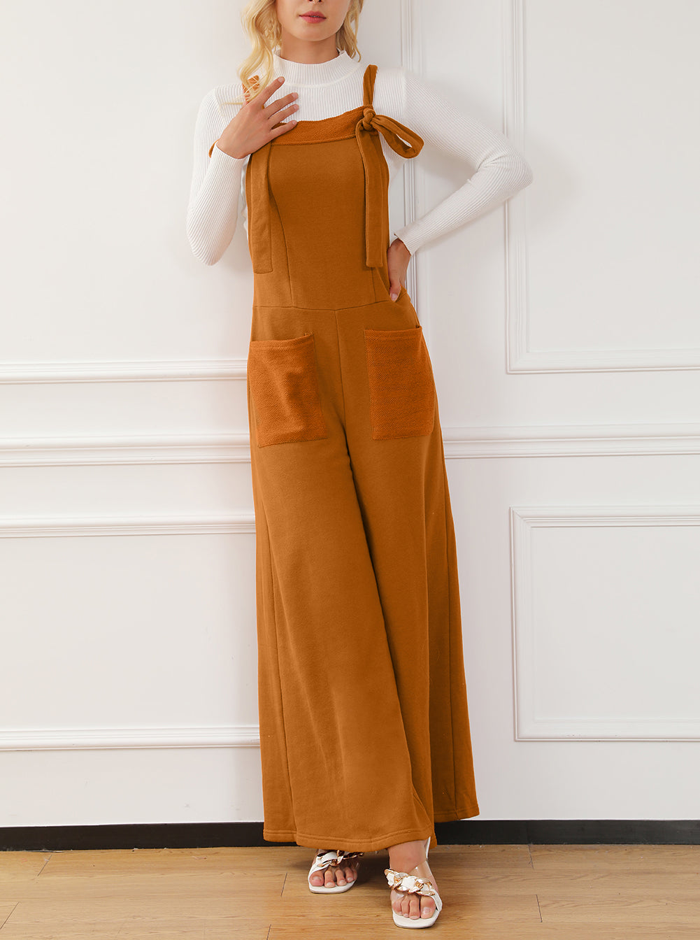 Knotted Straps Patch Pocket Wide Leg Jumpsuit