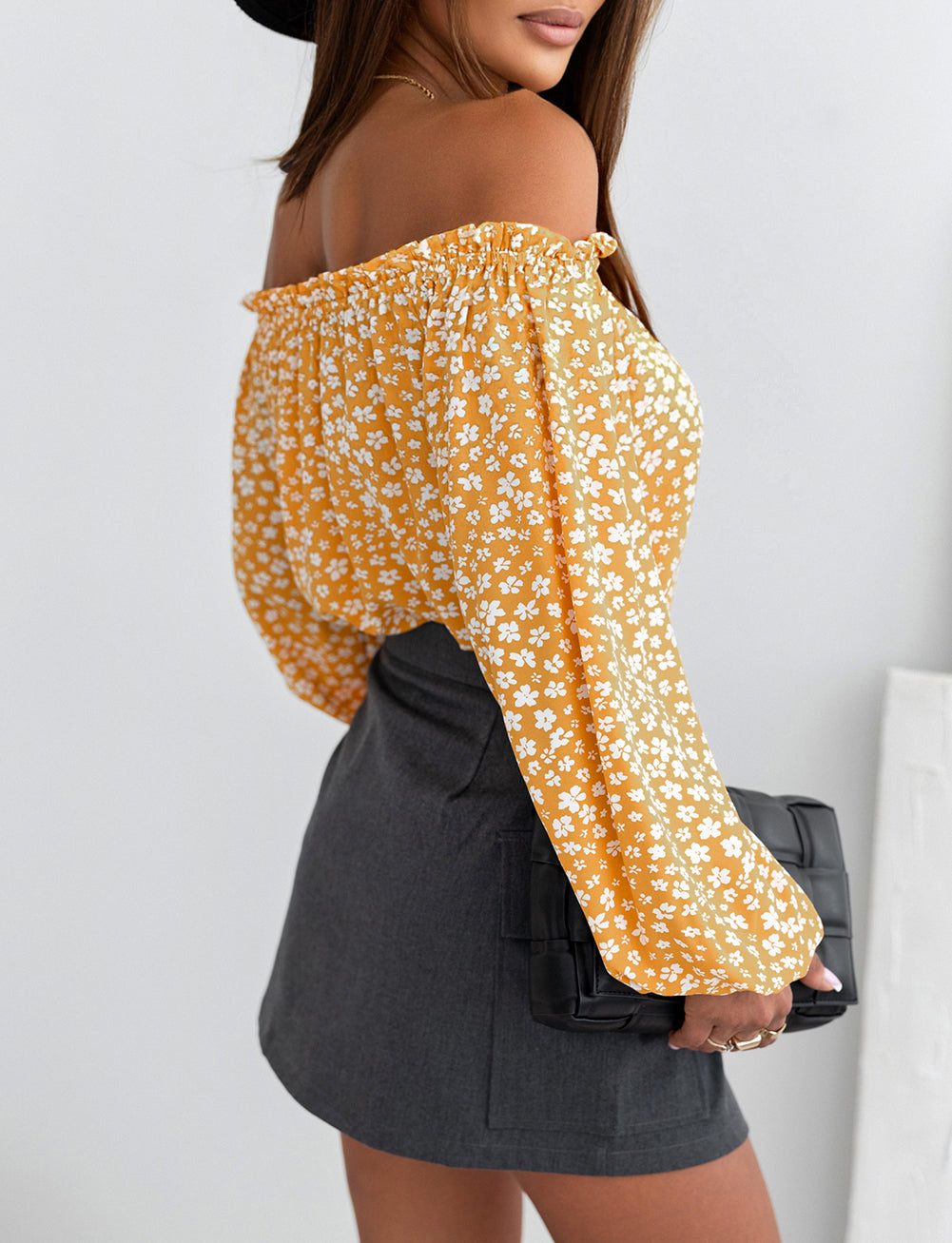 Floral Print Frill Trim Off-shoulder Lantern Sleeve Blouse