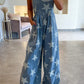 Star Print Buttoned Strap Pleat Wide Leg Denim Overall