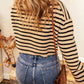 Striped Knit Drop Shoulder Crewneck Cropped Sweater