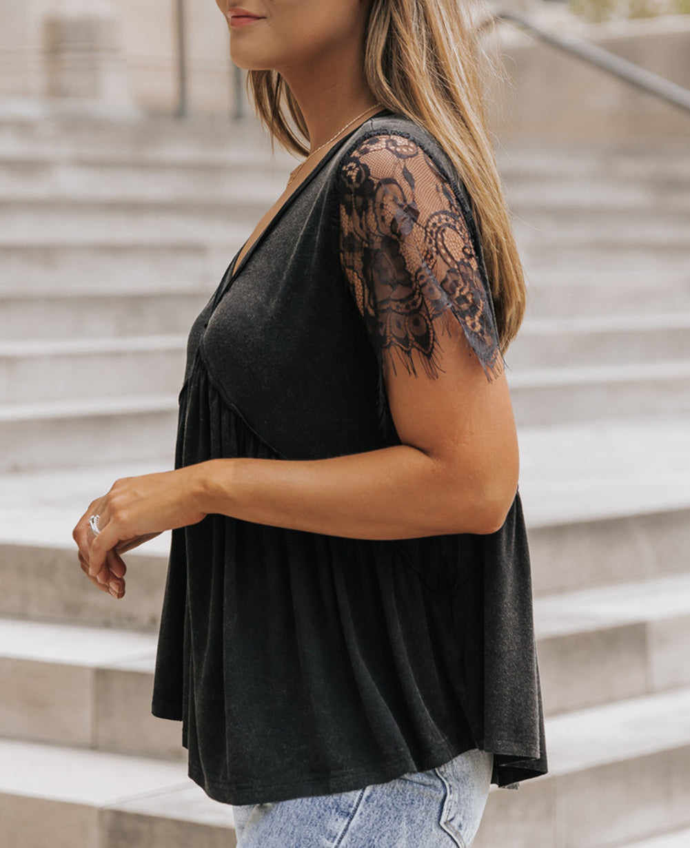 Eyelash Lace Sleeve V Neck Ruffle Babydoll Top