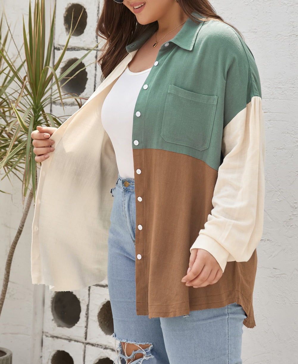 Colorblock Raw Edge Plus Size Shirt