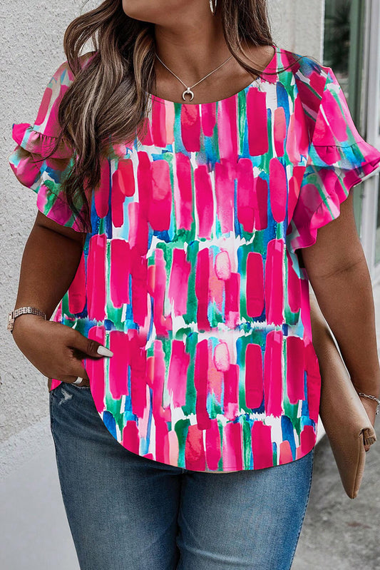 Plus Size Abstract Print Ruffled Petal Sleeve Blouse