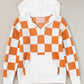 Checkered Split Neck Contrast Kangaroo Pocket Hooded Sweater