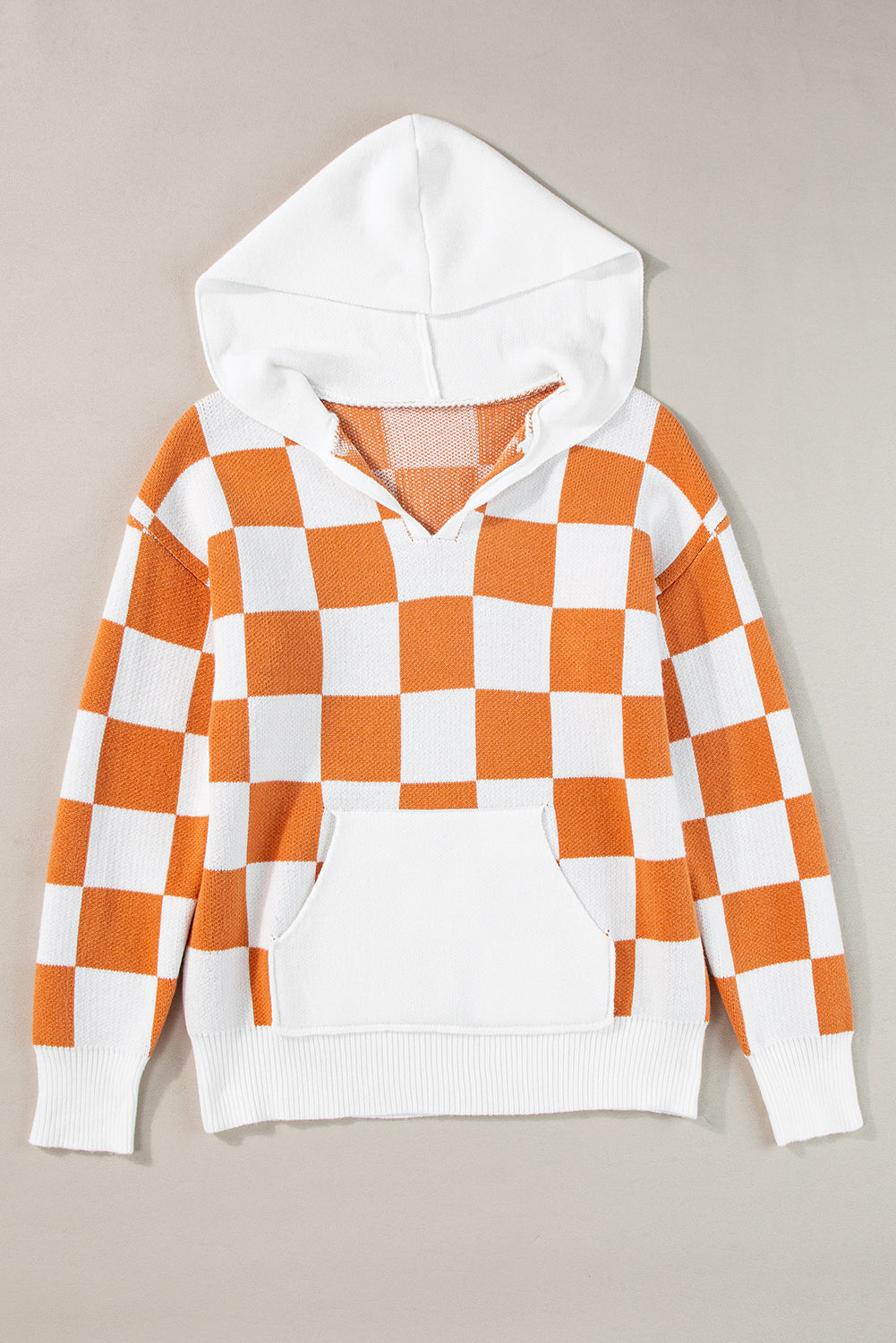 Checkered Split Neck Contrast Kangaroo Pocket Hooded Sweater