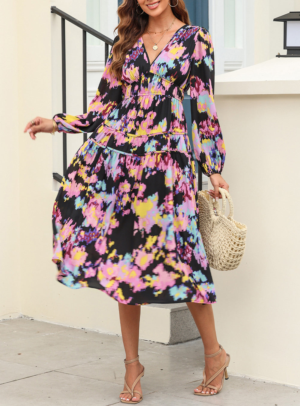 Abstract Print Pleated High Waist Maxi Dress