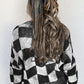 Checkered Drop Shoulder Buttoned V Neck Cardigan