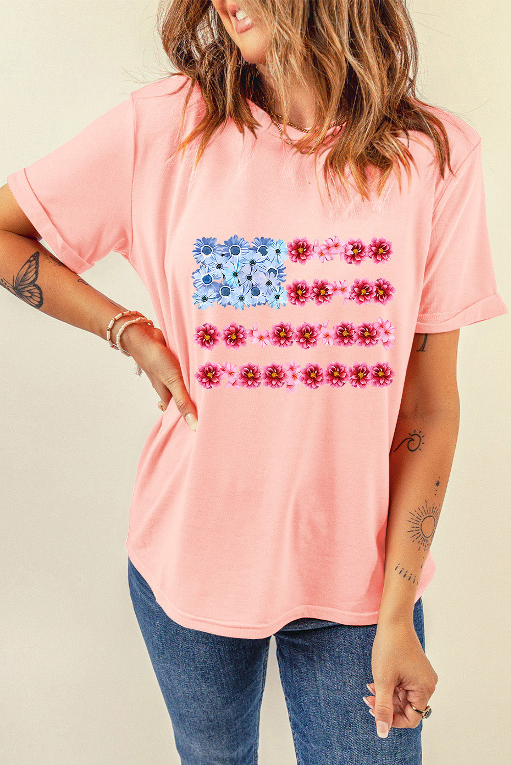 Floral Printed Crew Neck Flag Day T Shirt