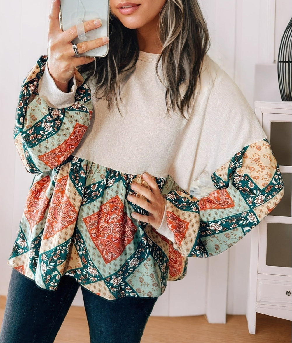 Geometric Patchwork Crew Neck Loose Fit Top