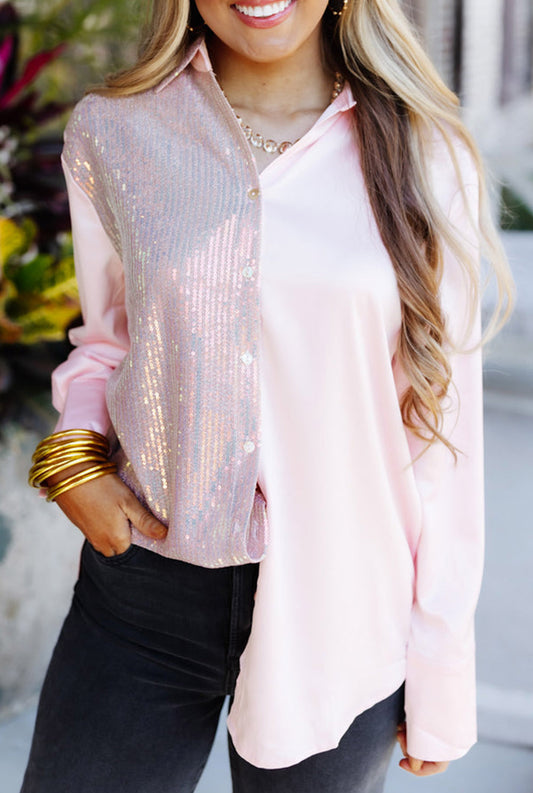 Sequin Colorblock Long Sleeve Shirt