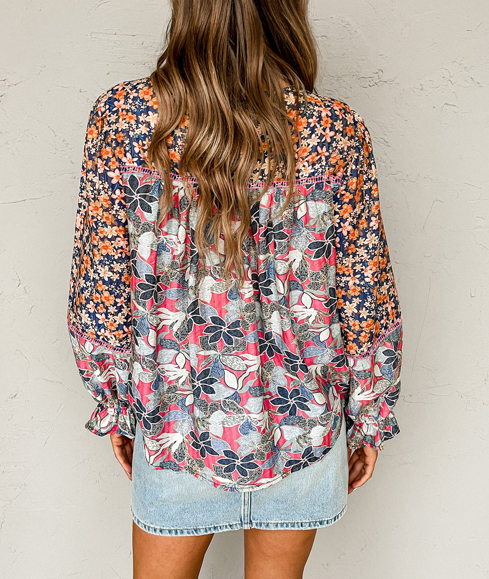 Mix Floral Balloon Sleeve Ruffled Cuff Blouse
