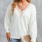 Cable Puff Sleeve Lace V Neck Sweater