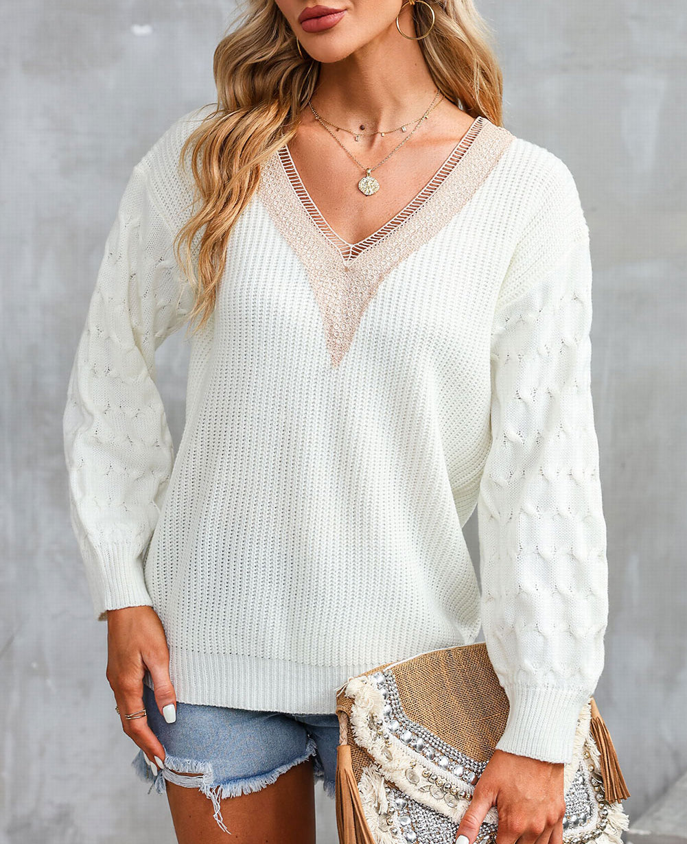Cable Puff Sleeve Lace V Neck Sweater