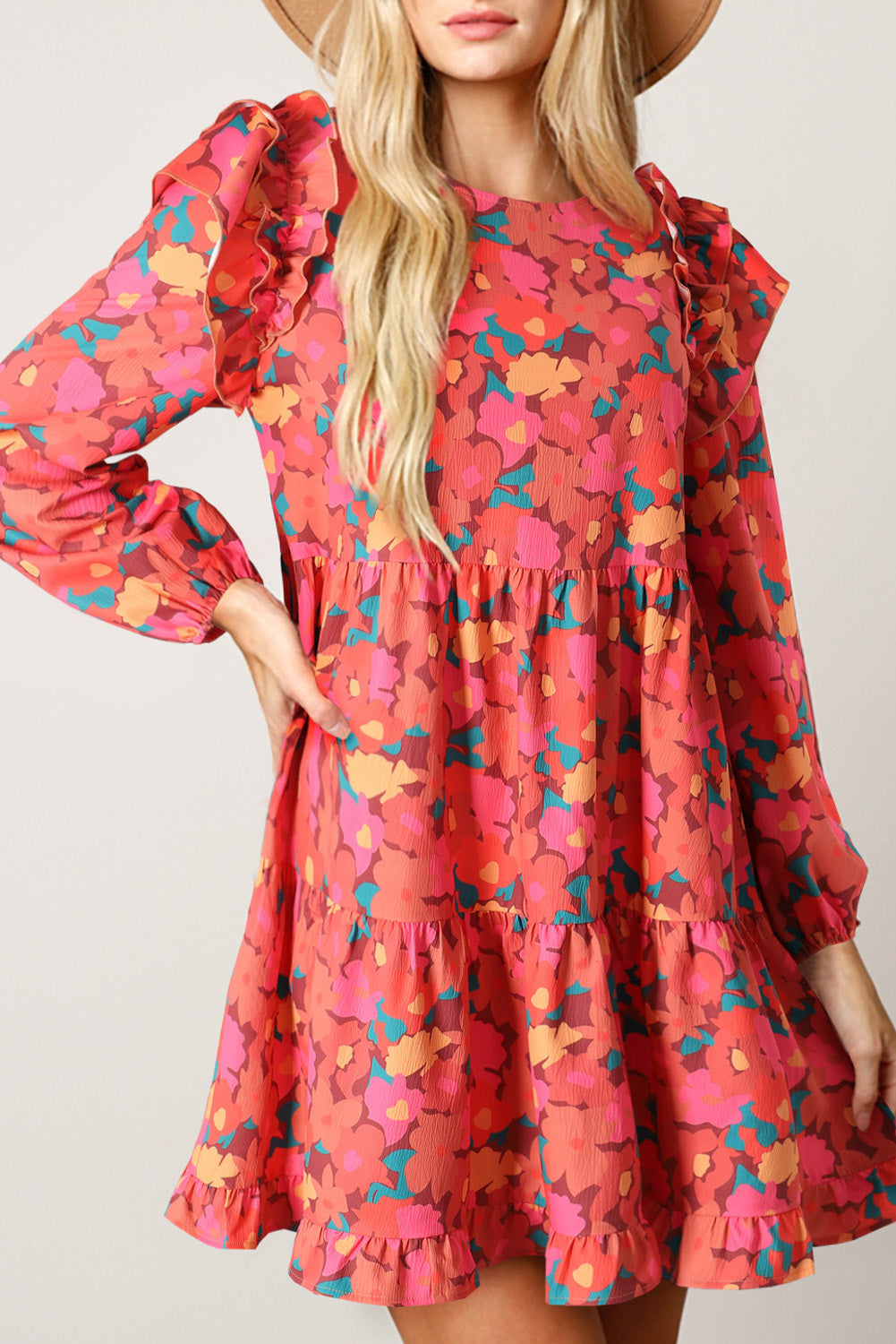 Ruffle Shoulder Long Sleeve Floral Mini Dress