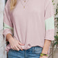 Color Block Ribbed Knit Quarter Sleeve Top