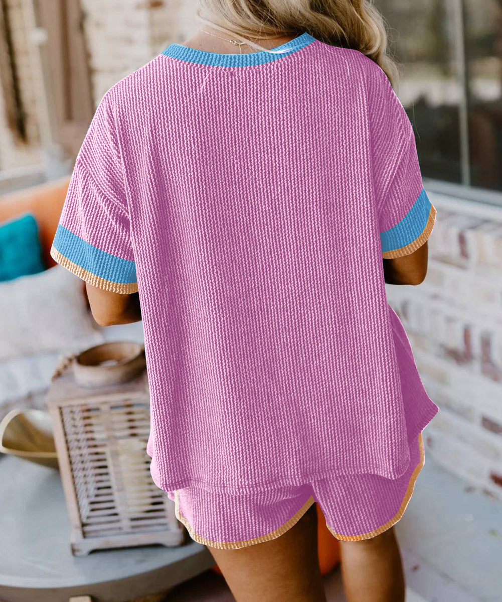 Contrast Trim Corded Texture Short 2pcs Set