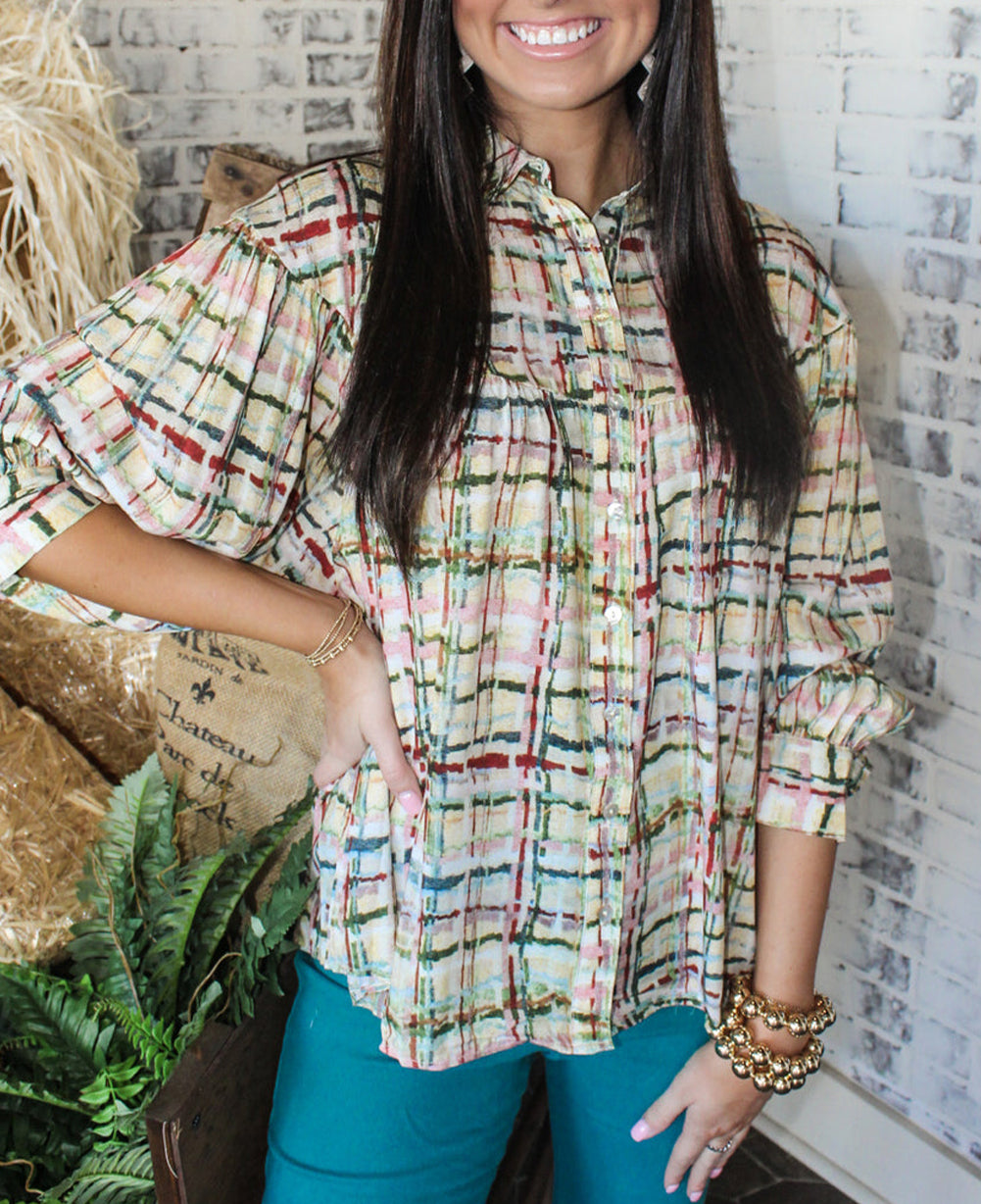 Plaid Pattern Puff Sleeve Button up Shirt
