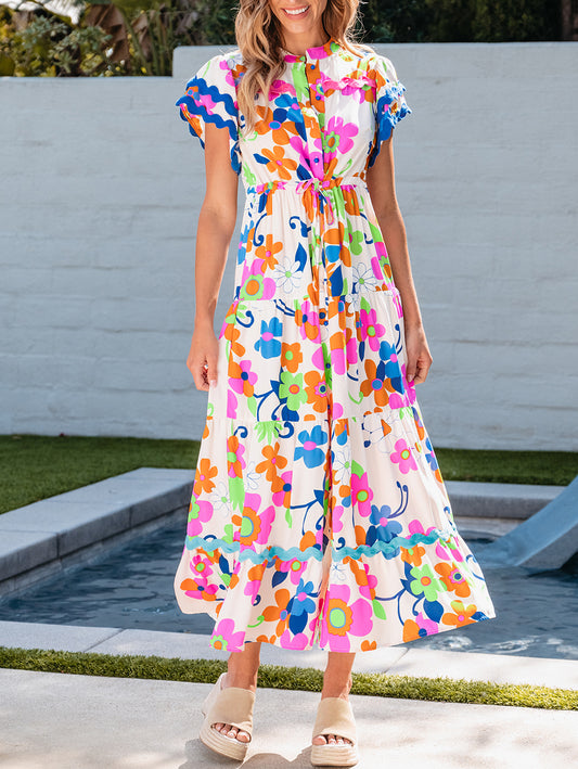 Ricrac Trim Flutter Sleeve Buttoned Floral Maxi Dress