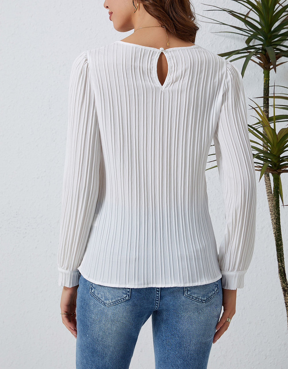 Ribbed Crewneck Puff Long Sleeve Top
