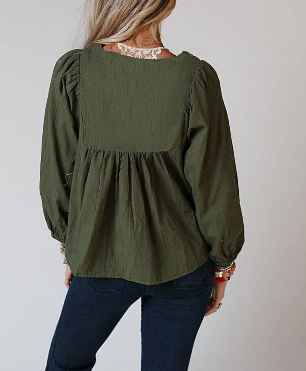Embroidered Split Neck Pleated Loose Blouse