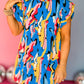 Abstract Print Frilled Neck Ruffled Sleeve Mini Dress