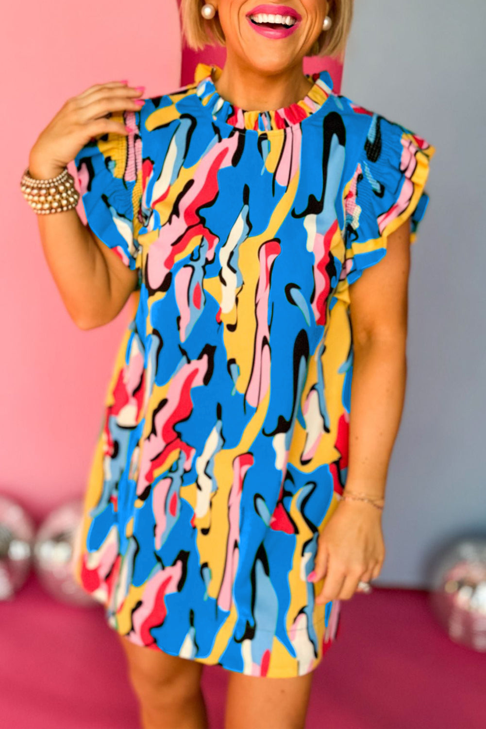 Abstract Print Frilled Neck Ruffled Sleeve Mini Dress