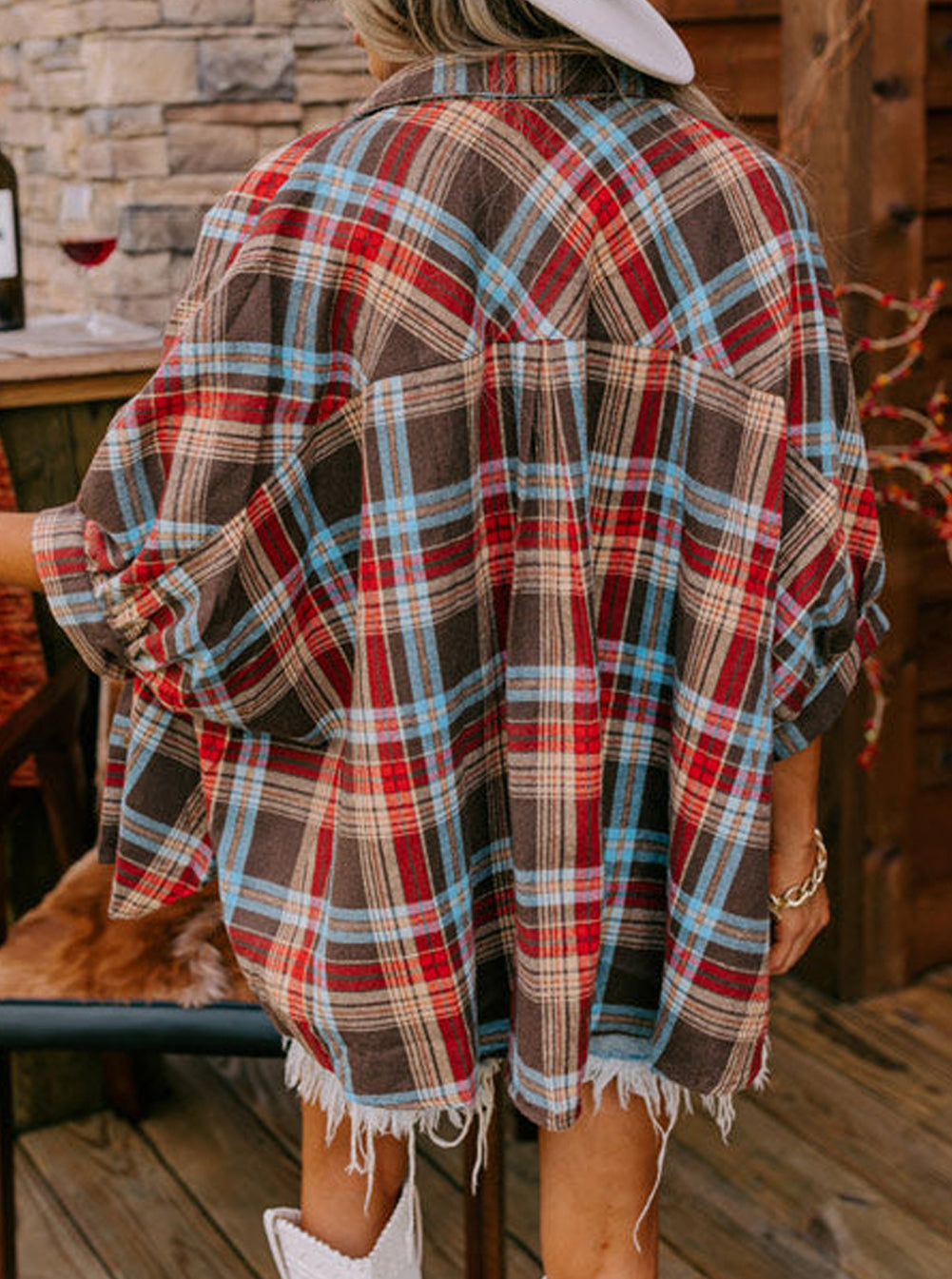 Red Loose Bracelet Sleeve Plaid Shirt
