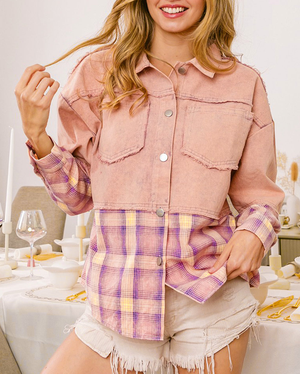 Frayed Patchwork Plaid Contrast Jacket