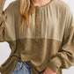 Ribbed Patchwork Drop Shoulder Buttoned Neckline Blouse