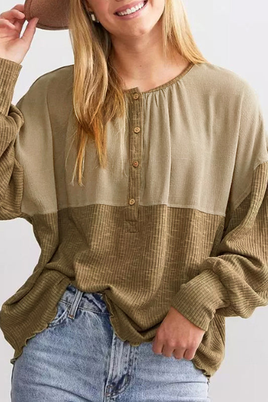 Ribbed Patchwork Drop Shoulder Buttoned Neckline Blouse