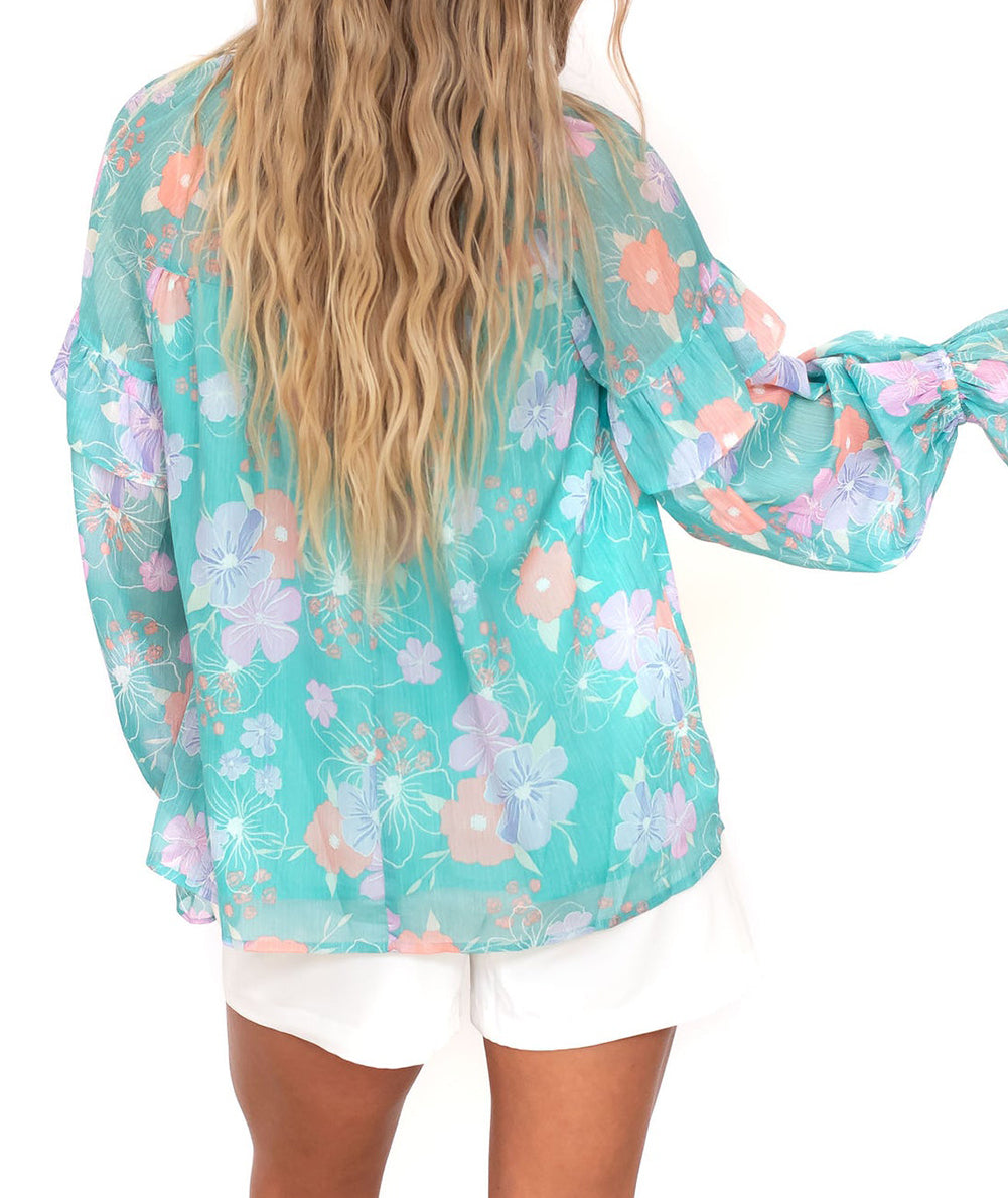 Floral Split Neck Ruffled Puff Sleeve Blouse