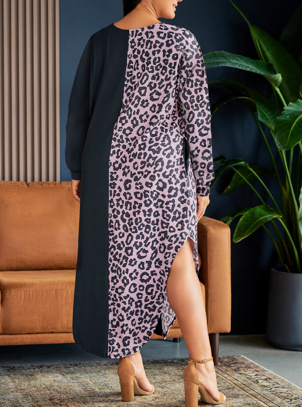 Plus Size Leopard Colorblock Long Sleeve T-Shirt Dress