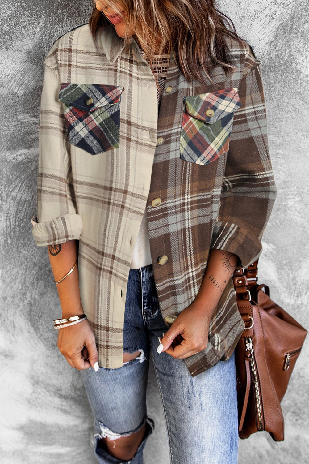 Mixed Plaid Patchwork Double Flap Pocket Shirt