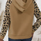 Leopard Print Patchwork Raglan Sleeve Half Buttons Hoodie