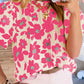 Floral Puff Sleeve Frilled Neckline Blouse