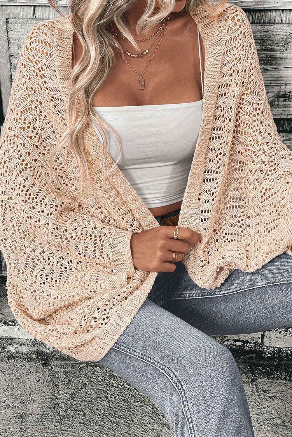 Pointelle Hollowed Knit Batwing Sleeve Cardigan