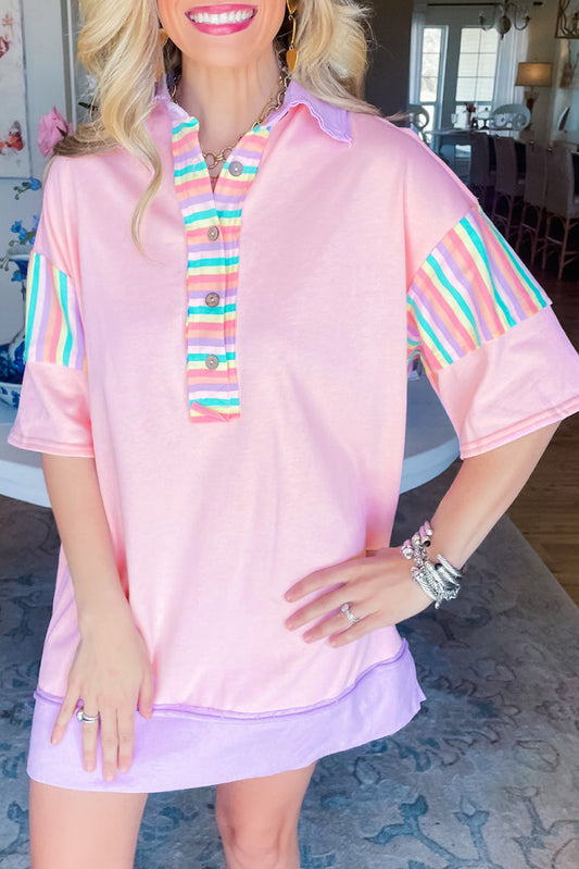 Rainbow Stripe Half Sleeve Buttoned T Shirt Dress