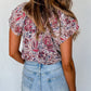 Floral Ruffled Short Sleeve V Neck Blouse