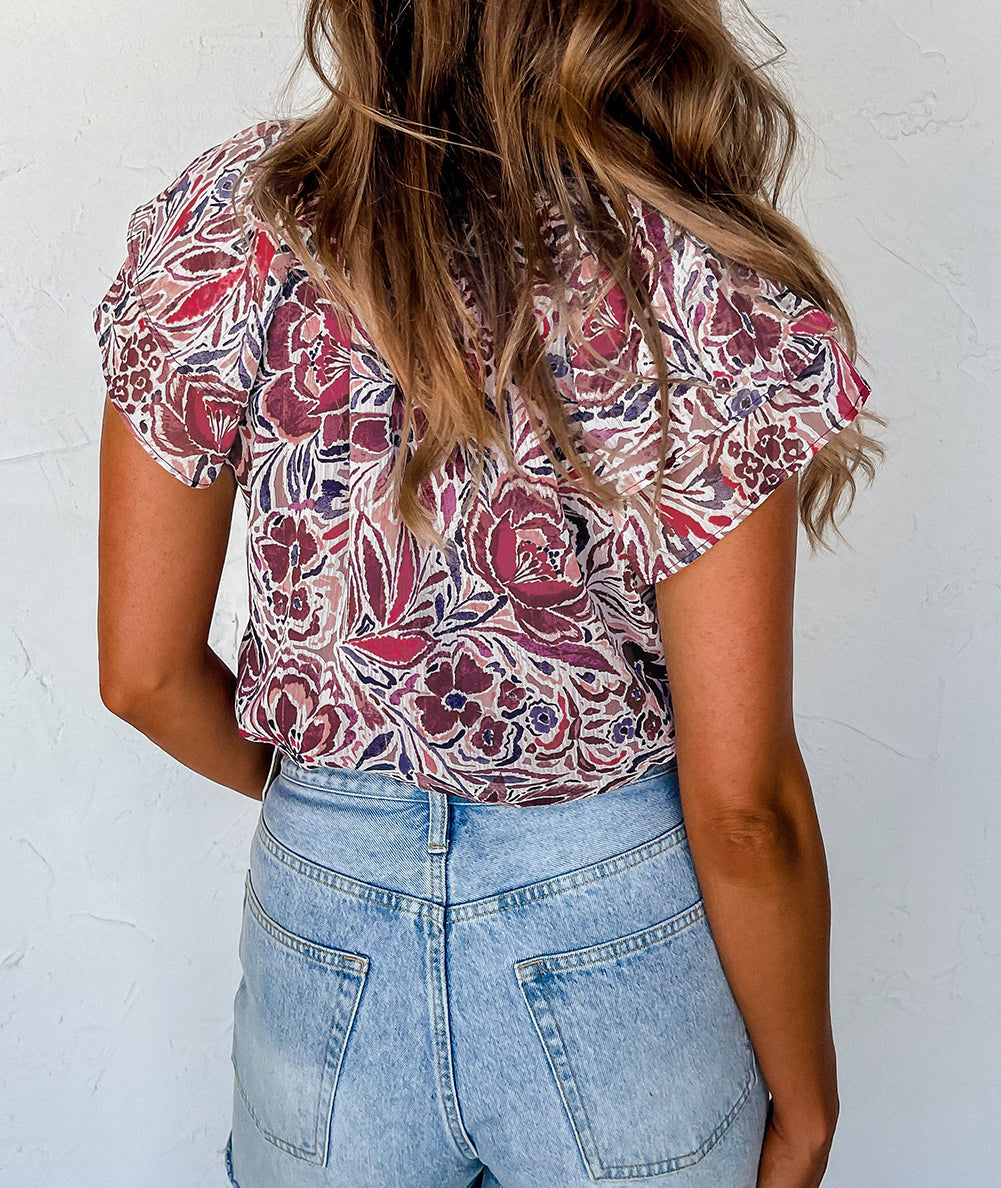Floral Ruffled Short Sleeve V Neck Blouse