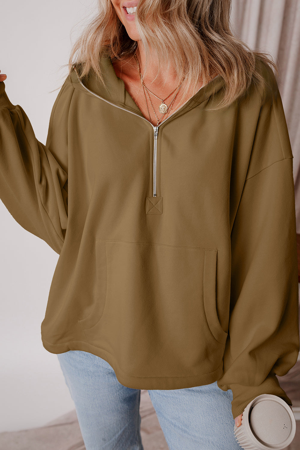 Fleece Lined Half Zipper Kangaroo Pockets Loose Hoodie