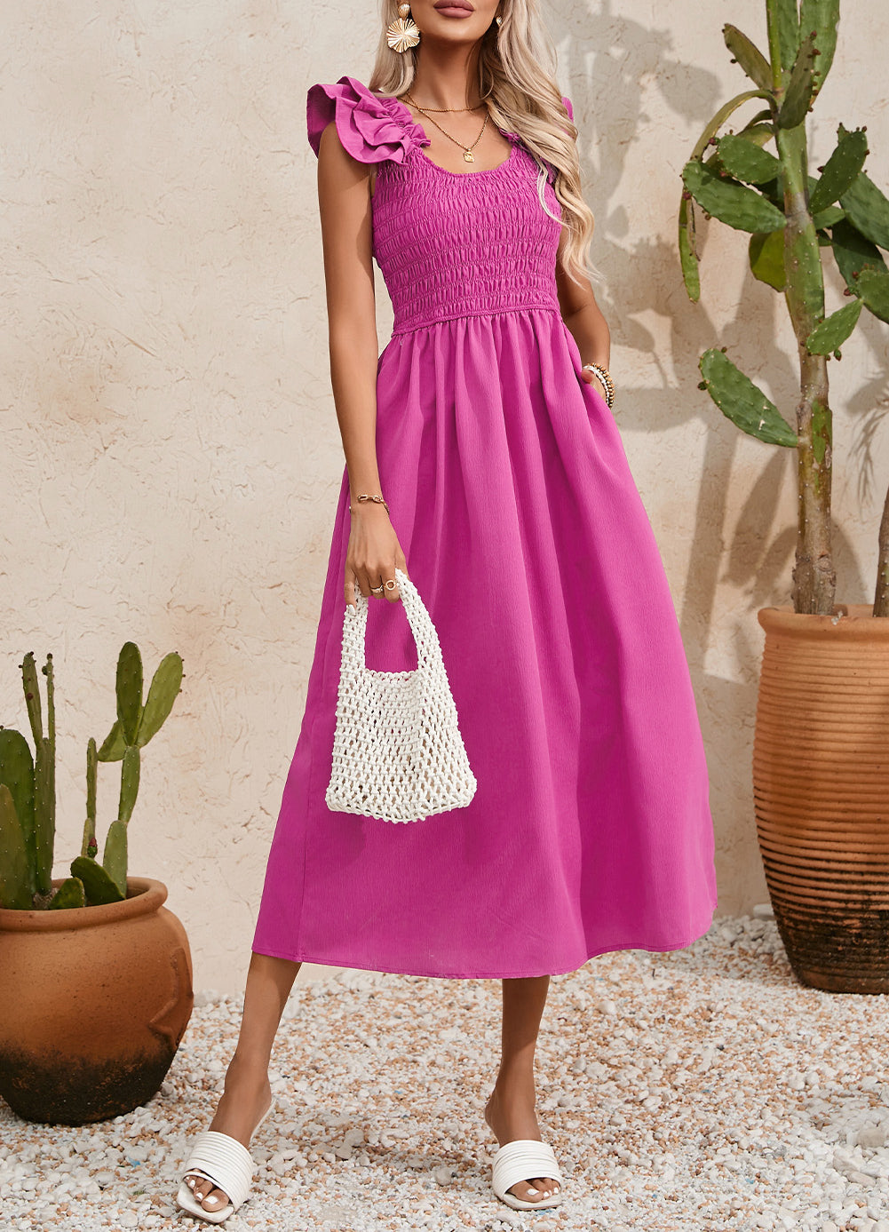 Solid Color Ruffled Straps Smocked Ruched Maxi Dress