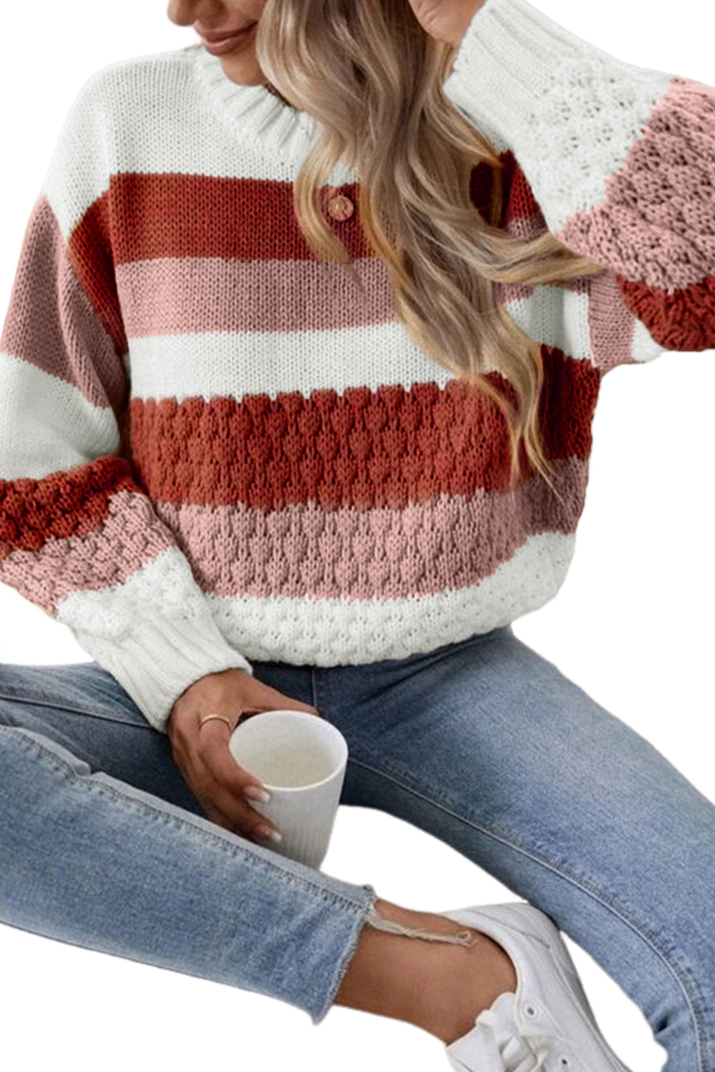 Stripe Cable Knit Drop Shoulder Sweater