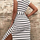 Striped Button Slit Tie V-Neck Midi Dress